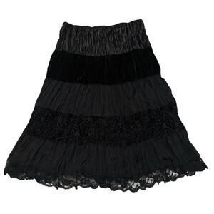 Y2K Whimsigoth Maxi Skirt Size XL Fairy Grunge Tiered Lace Velvet Black Stretch